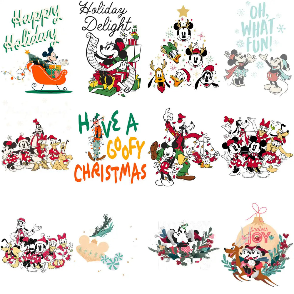 Disney holiday designs featuring Mickey, Minnie, and friends in festive Christmas scenes with text and ornaments.