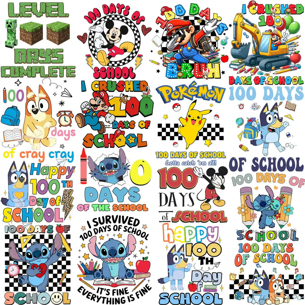 100 Days of School designs featuring Mickey, Mario, Pikachu, Stitch, and Bluey for DTF/DTG and embroidery.