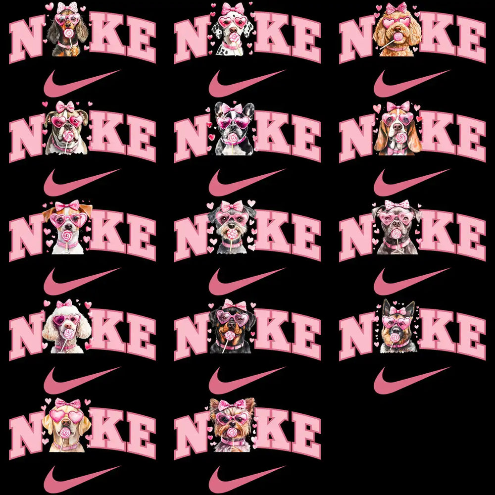 Cute dogs in pink heart glasses with Nike logo, print-ready designs for DTG and embroidery.