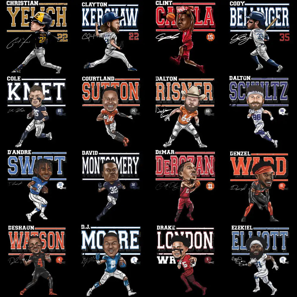 Caricature sports player designs for DTF, DTG, embroidery – print-ready PNG, SVG, PES bundles