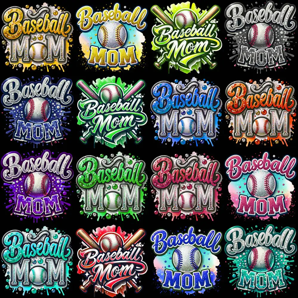 Baseball Mom designs with colorful graphics, baseballs, and bats for DTF, DTG, and embroidery