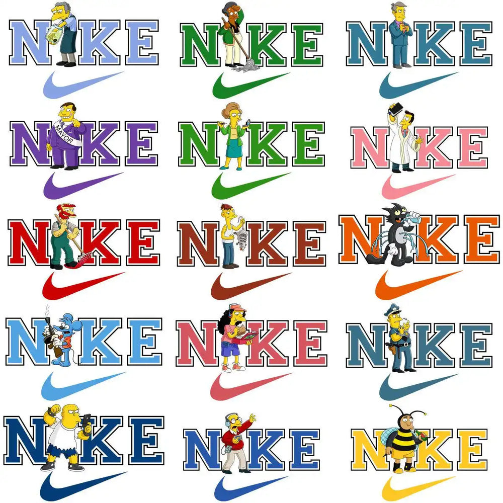 Simpsons characters with colorful Nike logo designs for print-ready apparel graphics