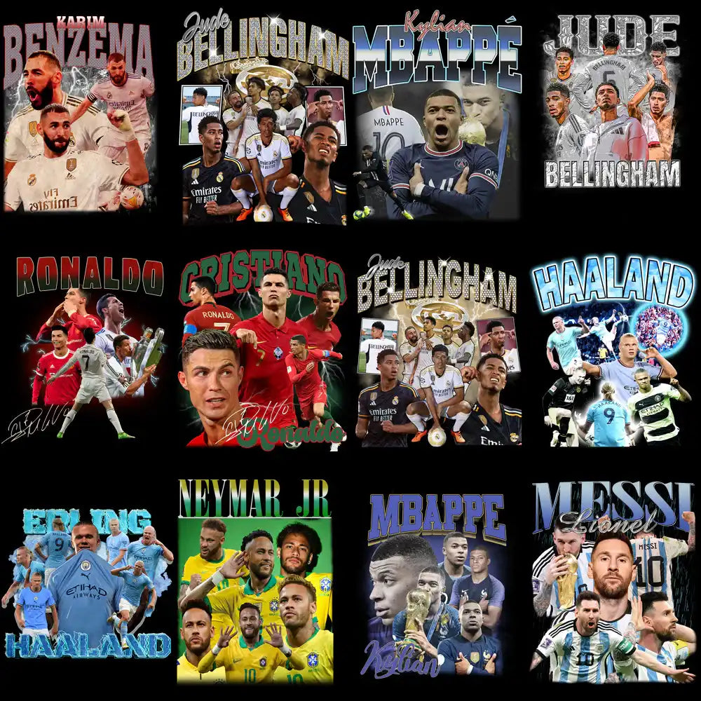 Soccer player designs for DTF/DTG & embroidery: Benzema, Messi, Ronaldo, Mbappe, Haaland, Neymar, Bellingham