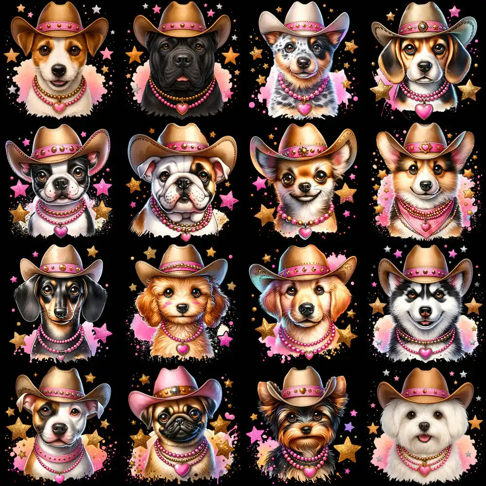 Cute cowboy dog portraits with pink hats & necklaces, stars, print-ready for DTG/DTF/embroidery designs