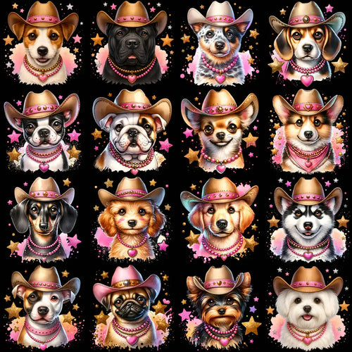 Cute cowboy dog portraits with pink hats & necklaces, stars, print-ready for DTG/DTF/embroidery designs