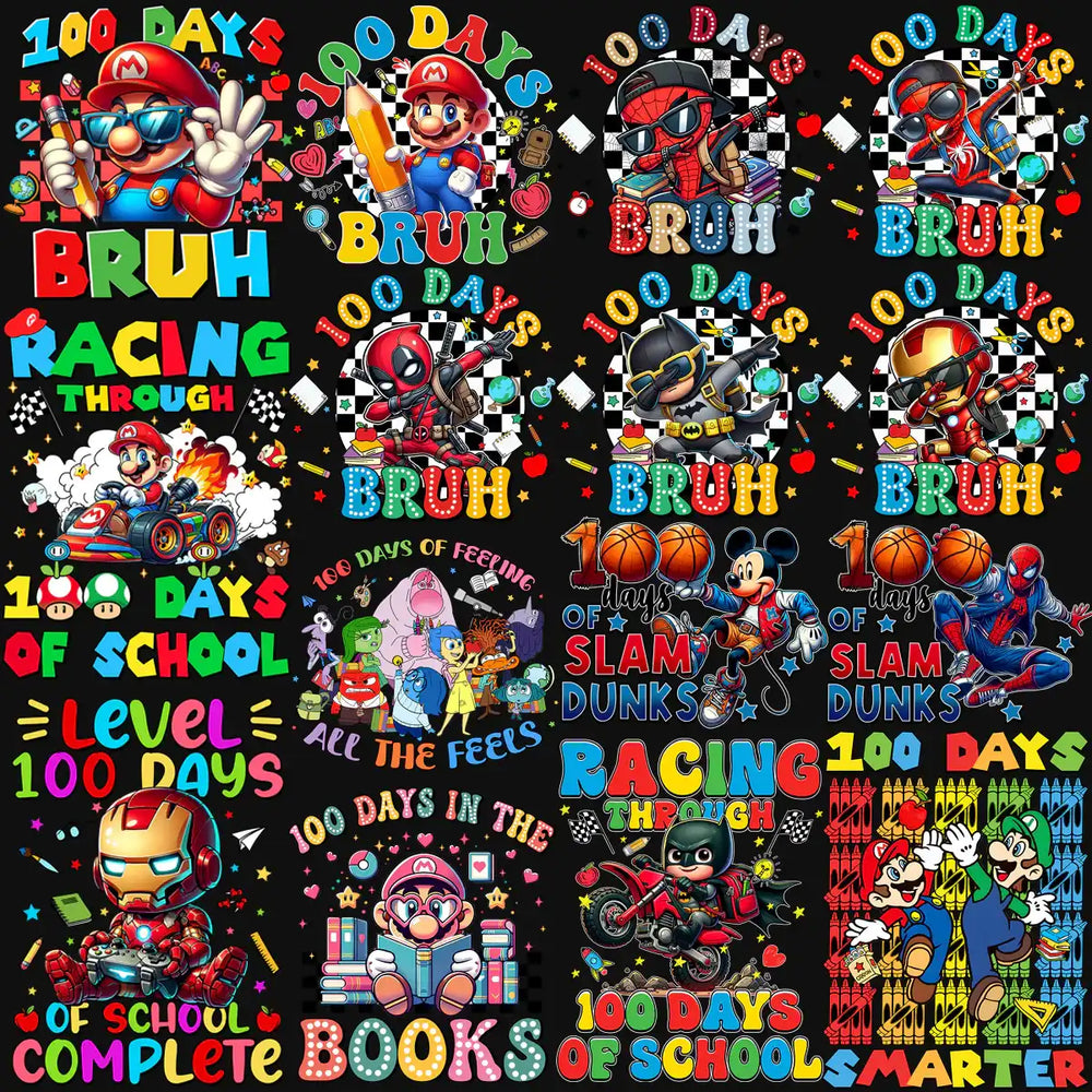 100 Days of School designs featuring Mario, Spider-Man, Batman, and Iron Man in colorful, playful themes.