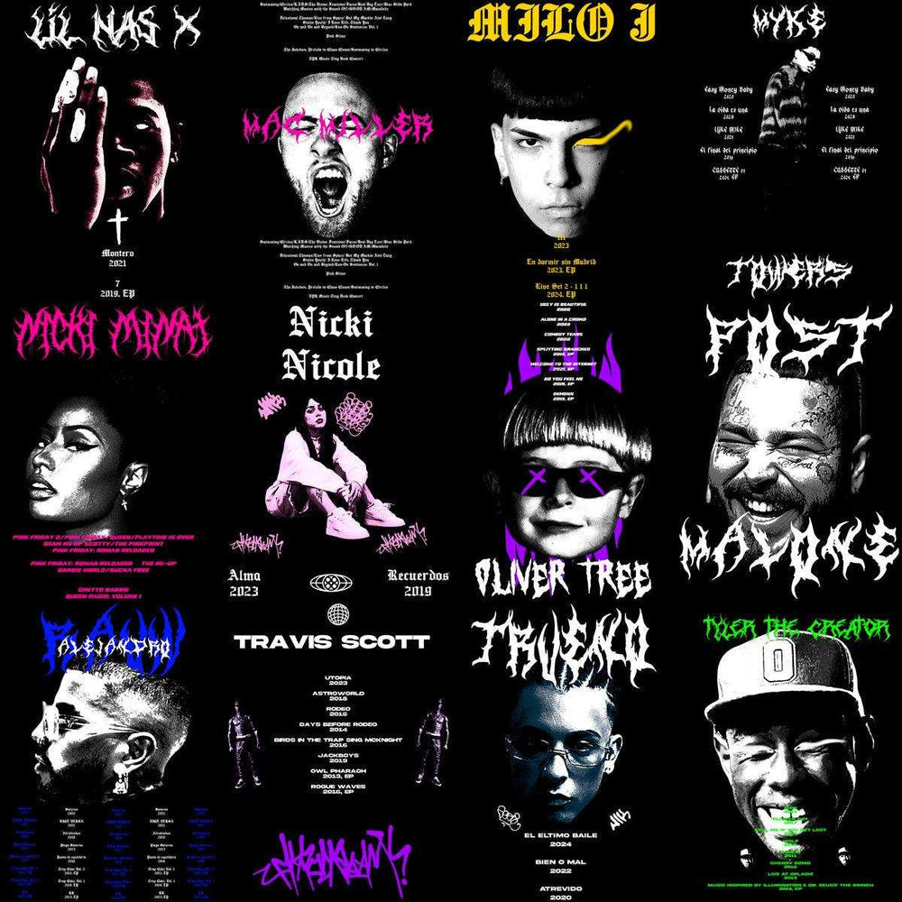 Music artist posters with bold typography and vibrant colors for print-ready designs
