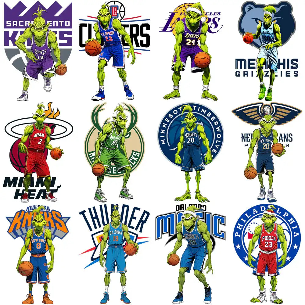 Grinch in NBA team jerseys: Kings, Clippers, Lakers, Grizzlies, Heat, Bucks, Timberwolves, Pelicans, Knicks, Thunder, Magic, 76ers