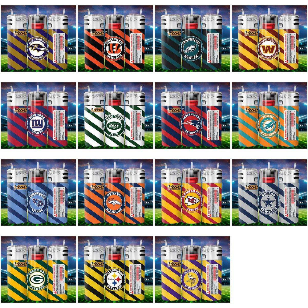 NFL team-themed BIC lighters with vibrant striped designs for fans and collectors