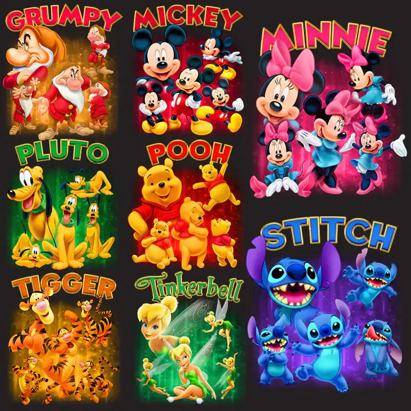 Disney character designs for DTF, DTG, embroidery, and tumbler wraps, featuring Mickey, Minnie, Stitch, and more.