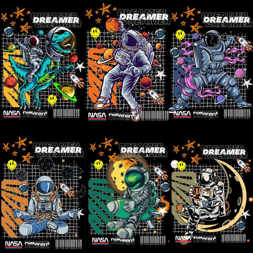 Astronaut and dinosaur space-themed designs with NASA and Dreamer text for DTG/DTF printing