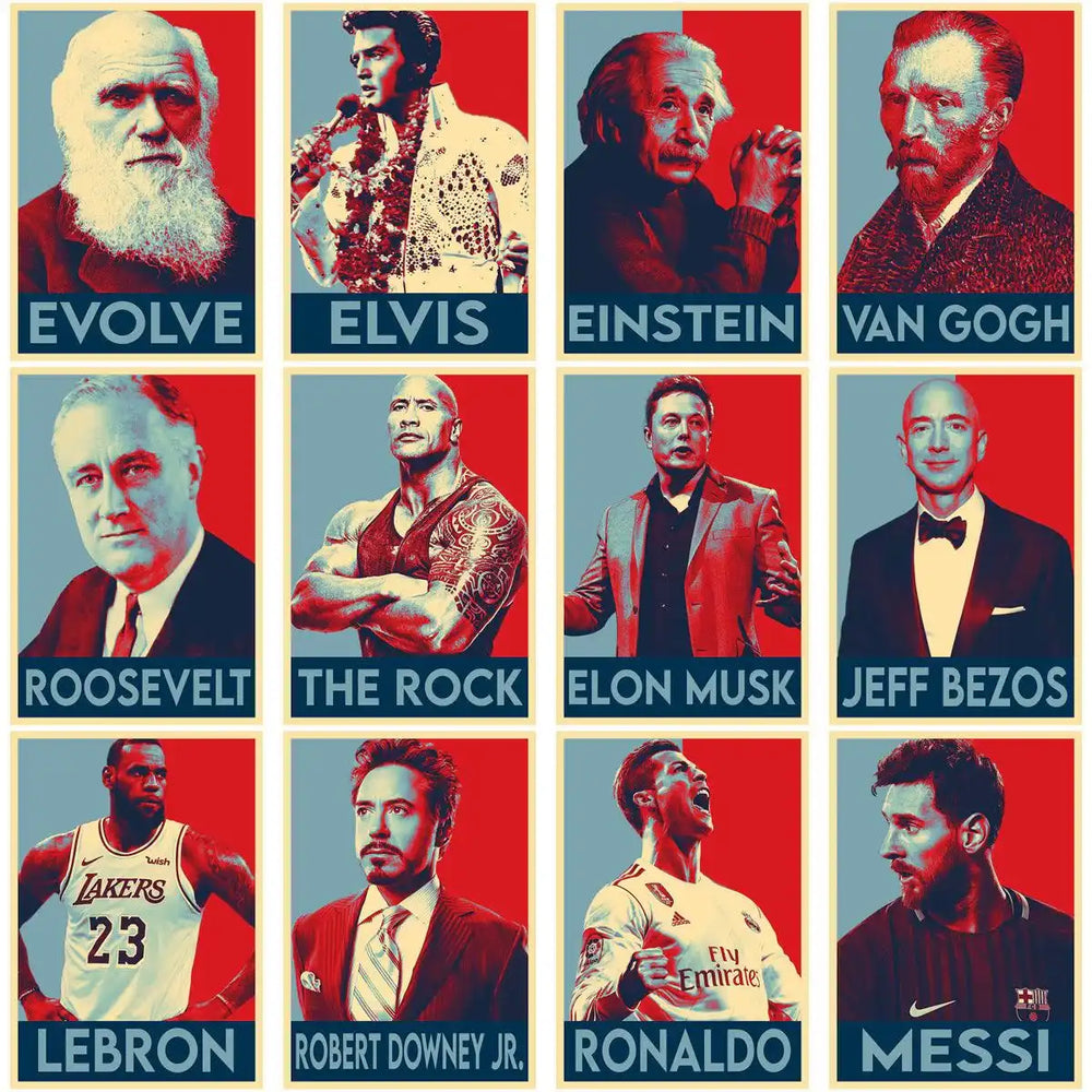 Famous icons poster set: Darwin, Elvis, Einstein, Van Gogh, Roosevelt, The Rock, Musk, Bezos, LeBron, RDJ, Ronaldo, Messi