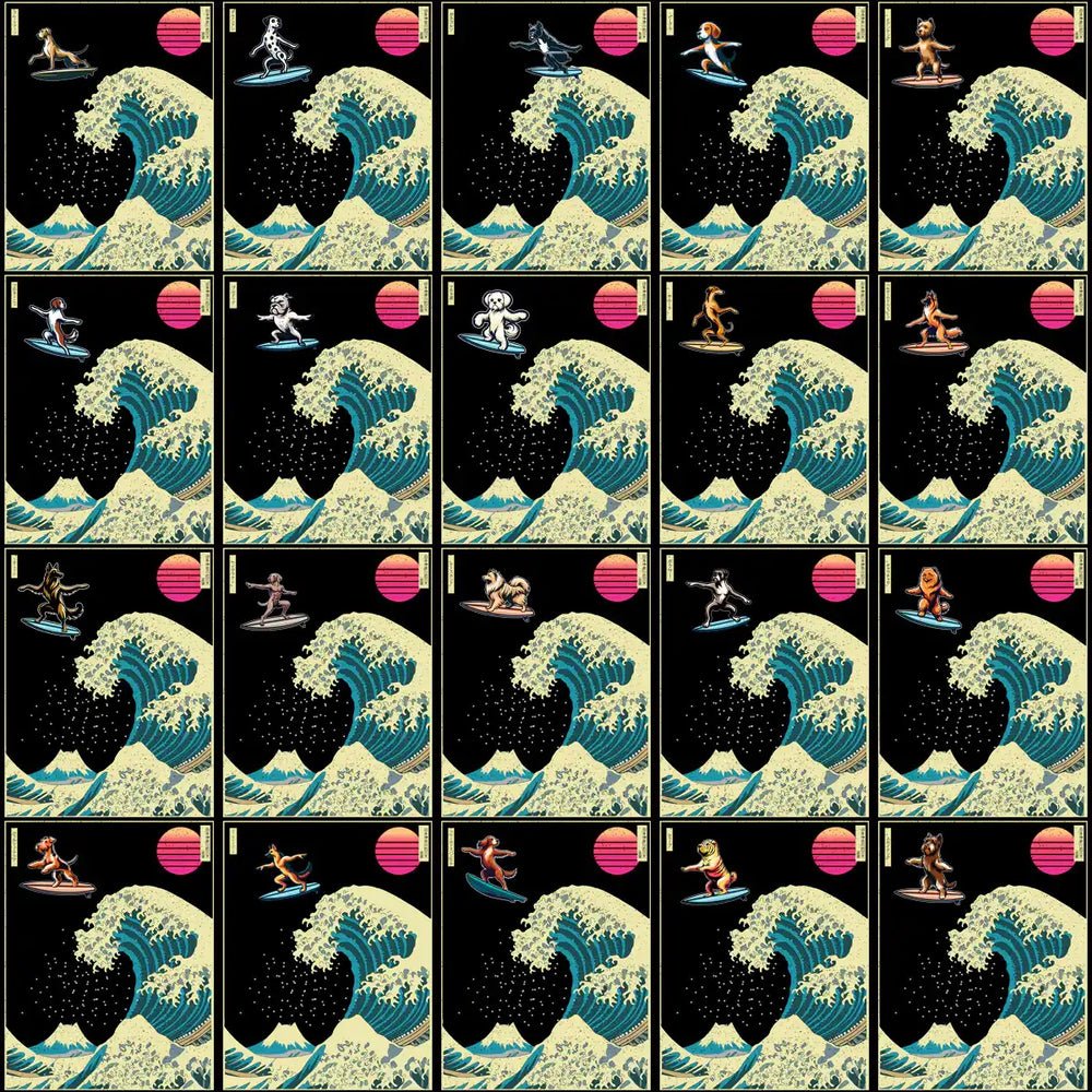Dog surfing designs with Great Wave backdrop, print-ready PNG for DTF/DTG and embroidery