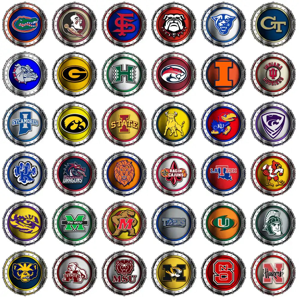 College sports team logos in metallic badge designs for DTF, DTG, embroidery, and tumbler wraps