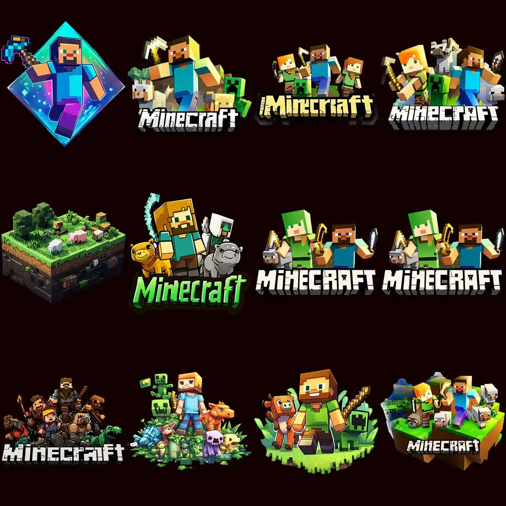 Minecraft-themed DTF/DTG designs featuring Steve, Creeper, and pixel art characters for print-ready merch