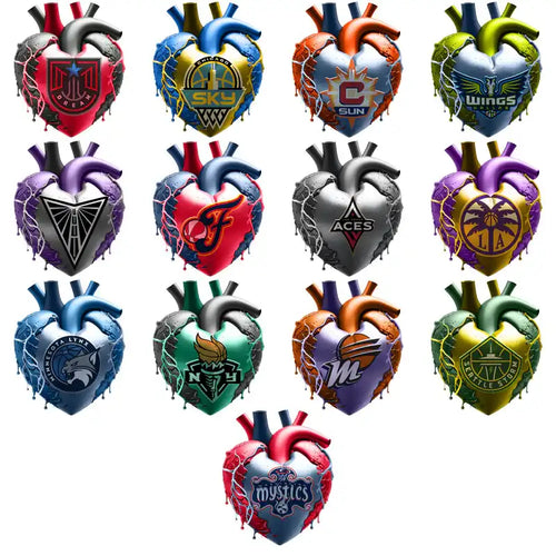 Heart-shaped designs with sports team logos for DTF, DTG, and embroidery projects