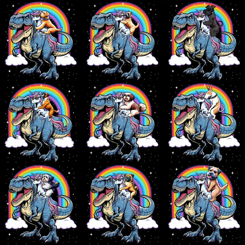 Dinosaur with dog riding unicorn under rainbow, print-ready design bundle