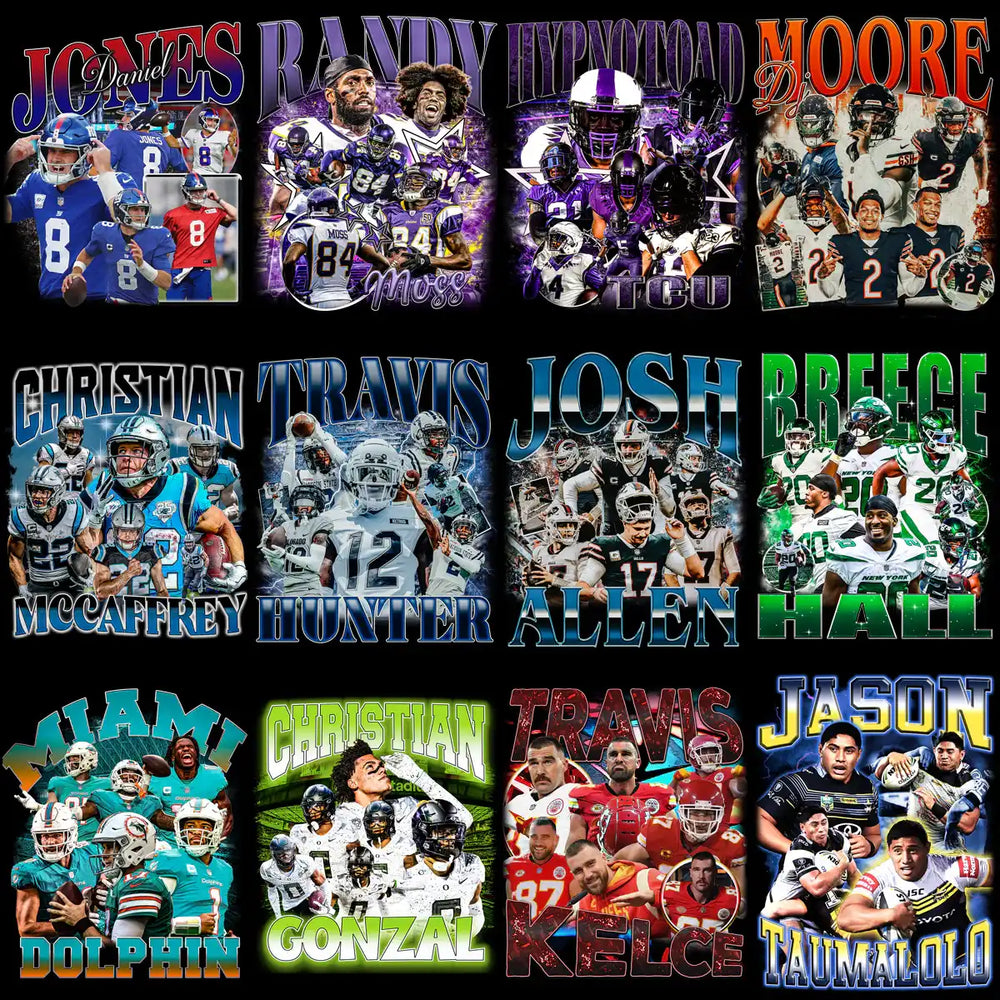 Football player designs for DTF/DTG, embroidery, and tumbler wraps with vibrant team graphics