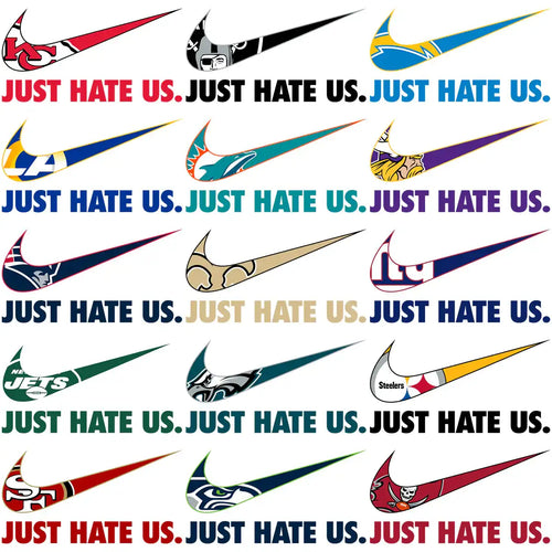 NFL team logos styled as swooshes with 'Just Hate Us' text, print-ready PNG designs for apparel