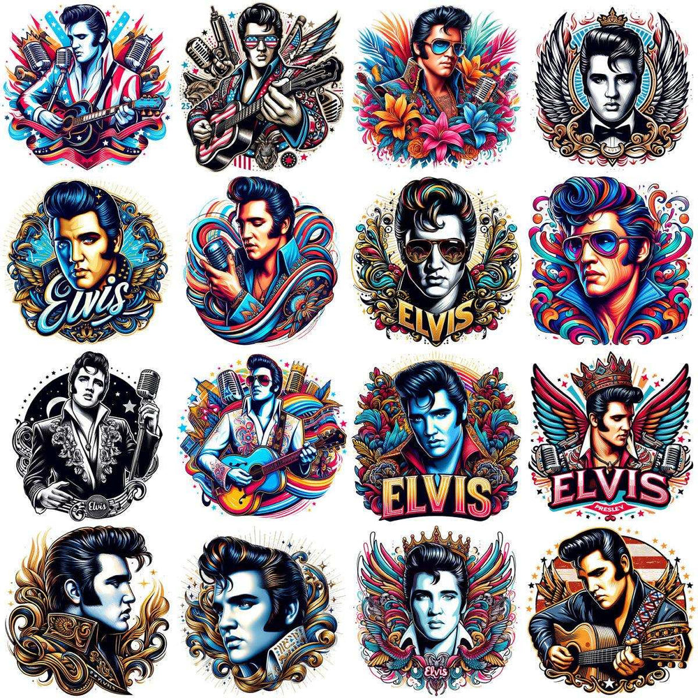 Elvis Presley tattoo designs, DTF/DTG print-ready graphics with guitars, wings, and retro flair