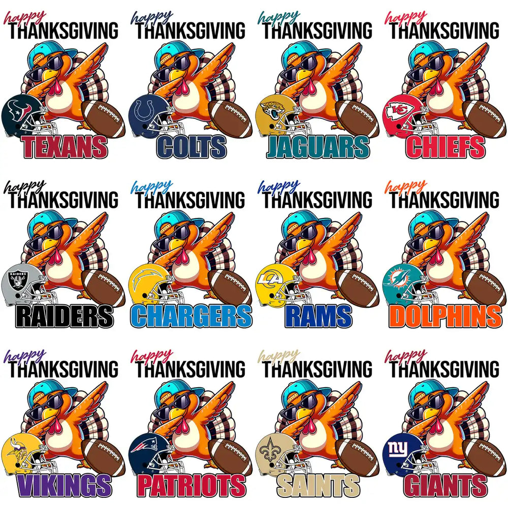 Happy Thanksgiving NFL team turkey designs with football helmets and dabbing turkeys