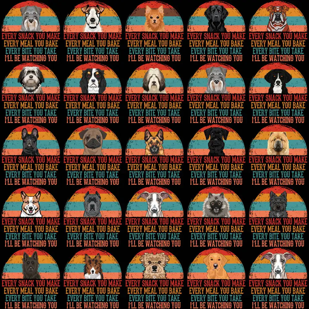Dog breeds with retro sunset design, print-ready for DTF/DTG, embroidery, or tumbler wraps