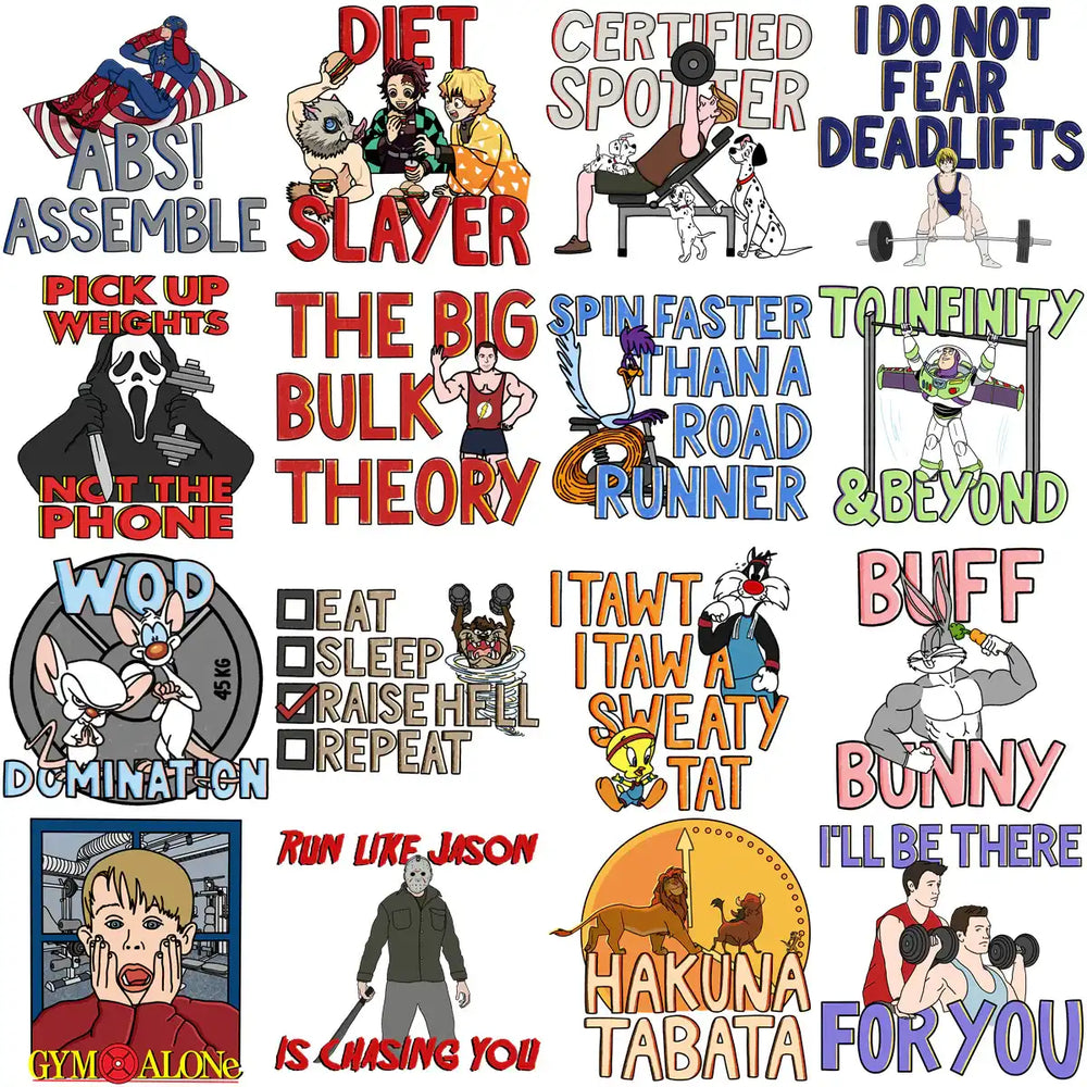 Funny gym-themed designs with pop culture characters and workout slogans for t-shirts and prints