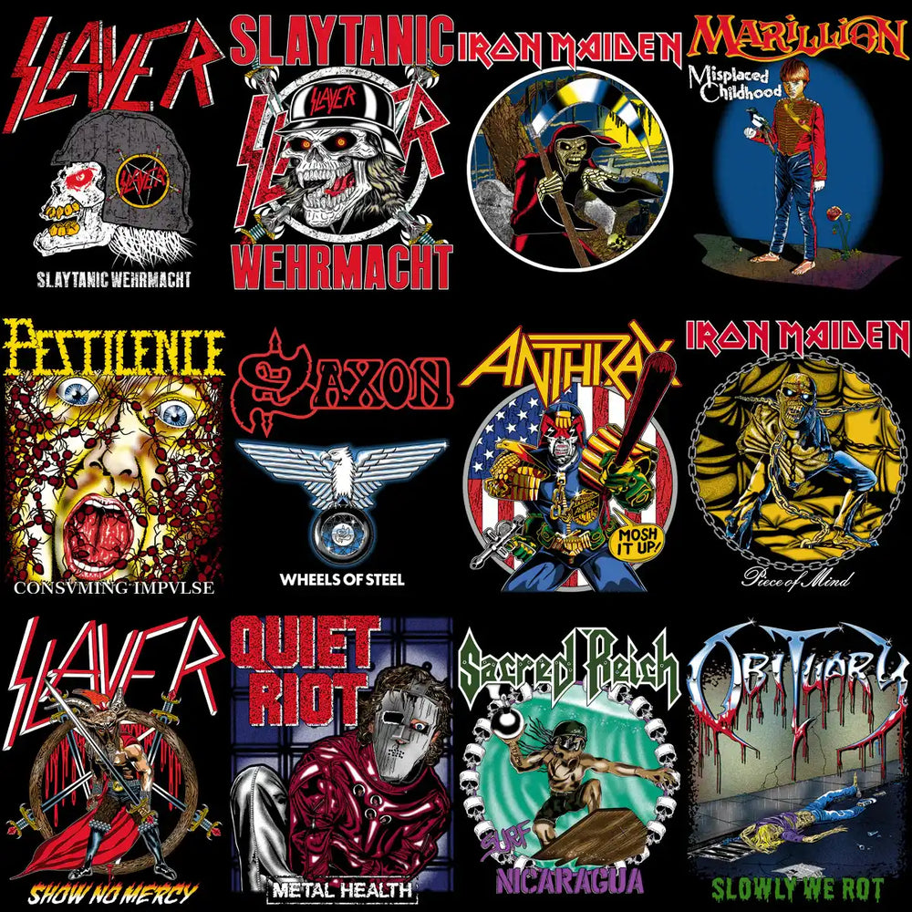 Metal band logos and album art for DTF, DTG, embroidery designs — Slayer, Iron Maiden, Anthrax, more