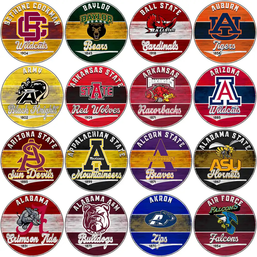 College sports team logos on vintage wood-style circular designs for DTF, DTG, embroidery
