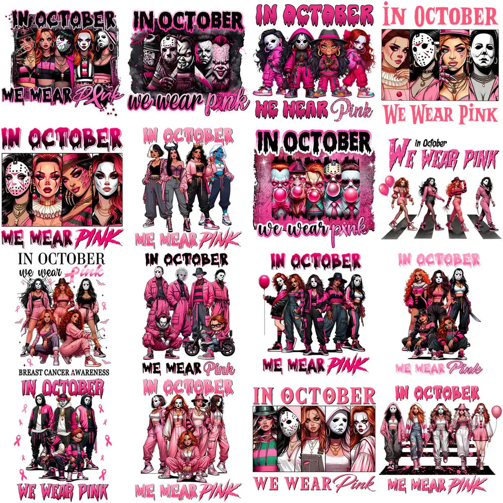 In October We Wear Pink Halloween designs with horror characters in pink, breast cancer awareness themes, print-ready PNG SVG