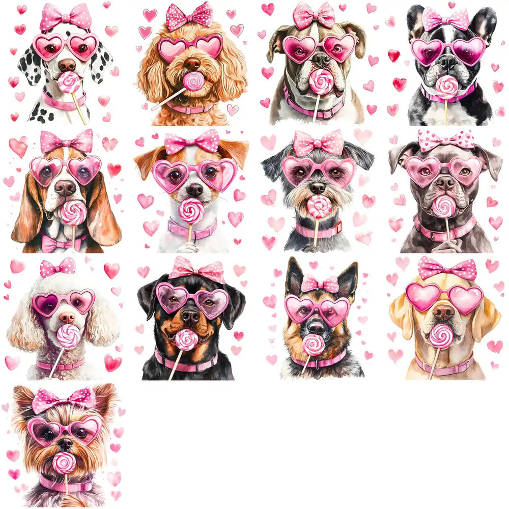 Cute dogs with heart sunglasses, pink bows, and lollipops for Valentine's Day designs