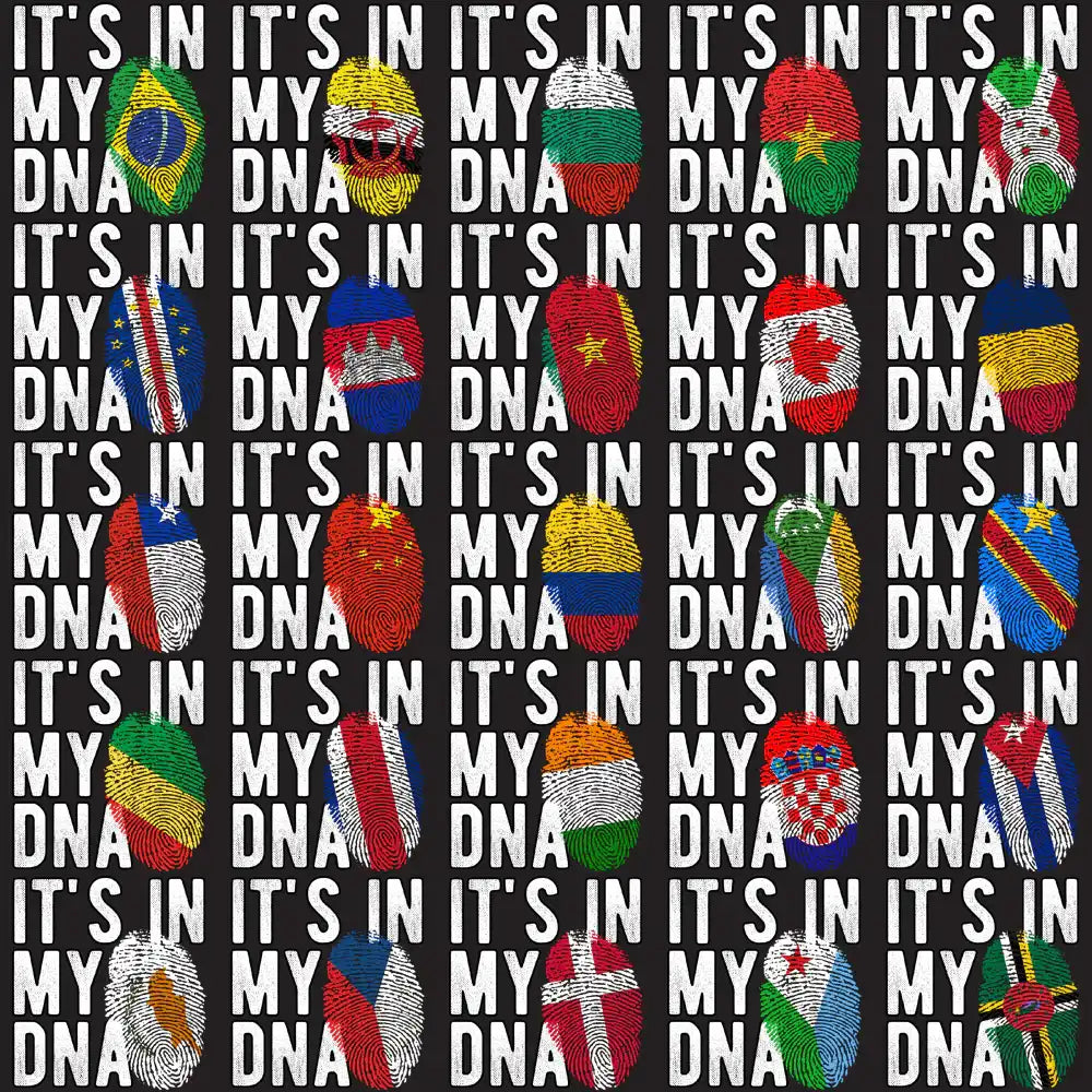 Fingerprint designs with global flags and 'It's in My DNA' text for print-ready apparel graphics.