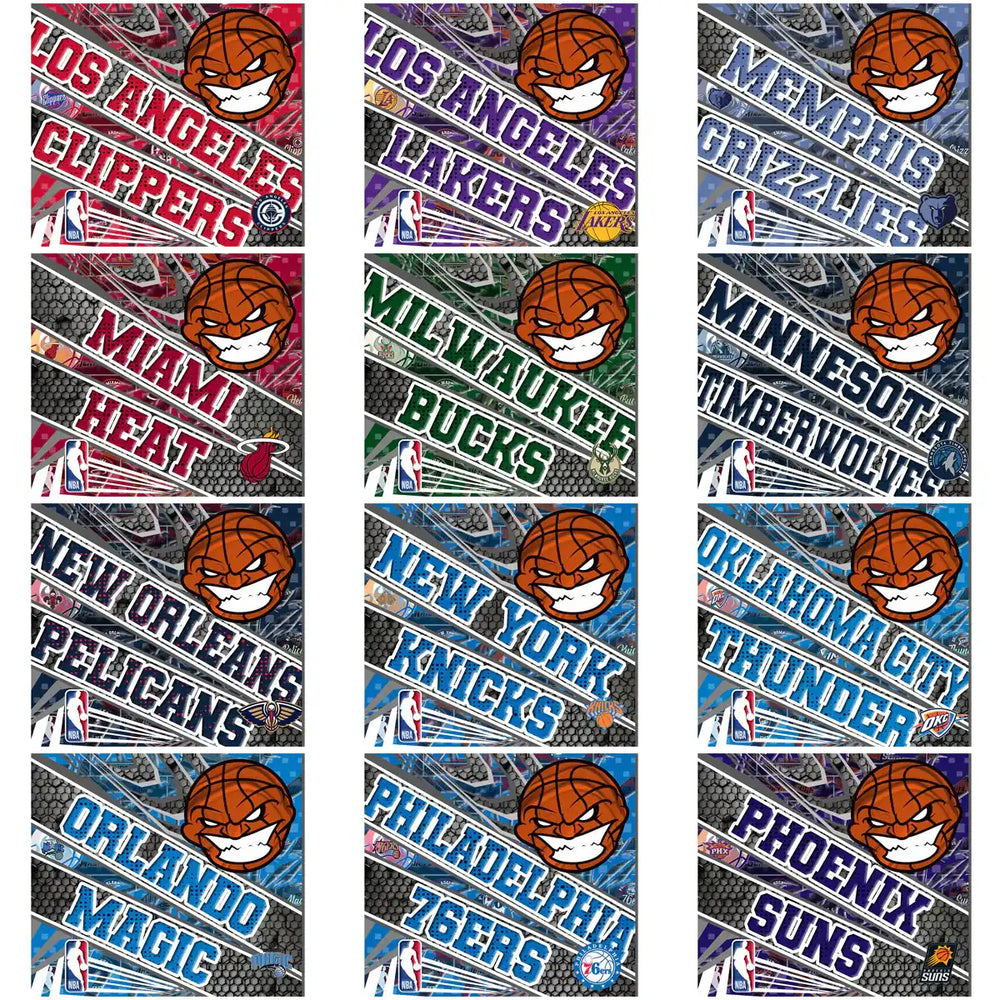 NBA team designs for DTF DTG printing, featuring Clippers, Lakers, Grizzlies, Heat, Bucks, Timberwolves, Pelicans, Knicks, Thunder, Magic, 76ers, Suns