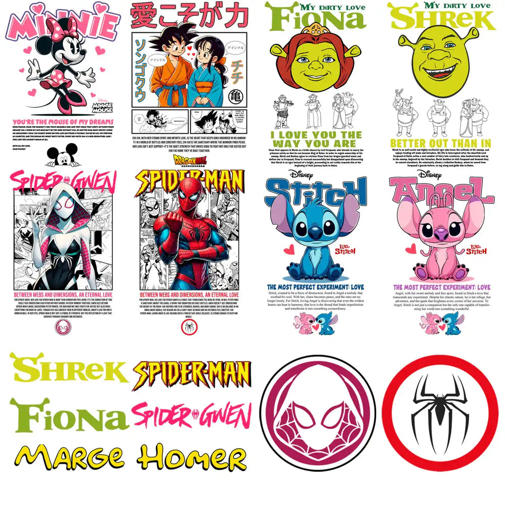 Print-ready Disney and anime designs including Minnie, Shrek, Spider-Man, and Stitch for DTF/DTG and embroidery.
