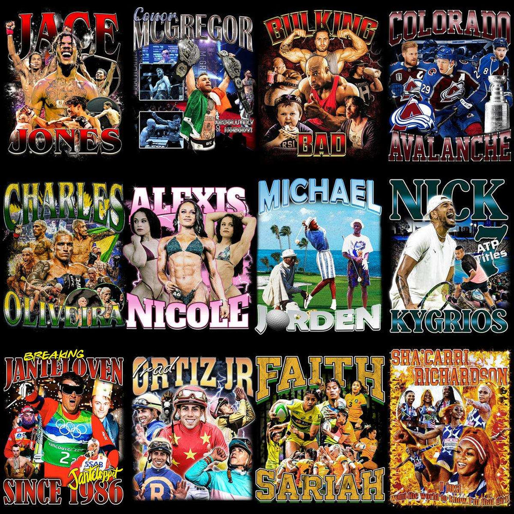 Sports-themed designs featuring athletes like Conor McGregor, Michael Jordan, and Nick Kyrgios for DTF/DTG printing