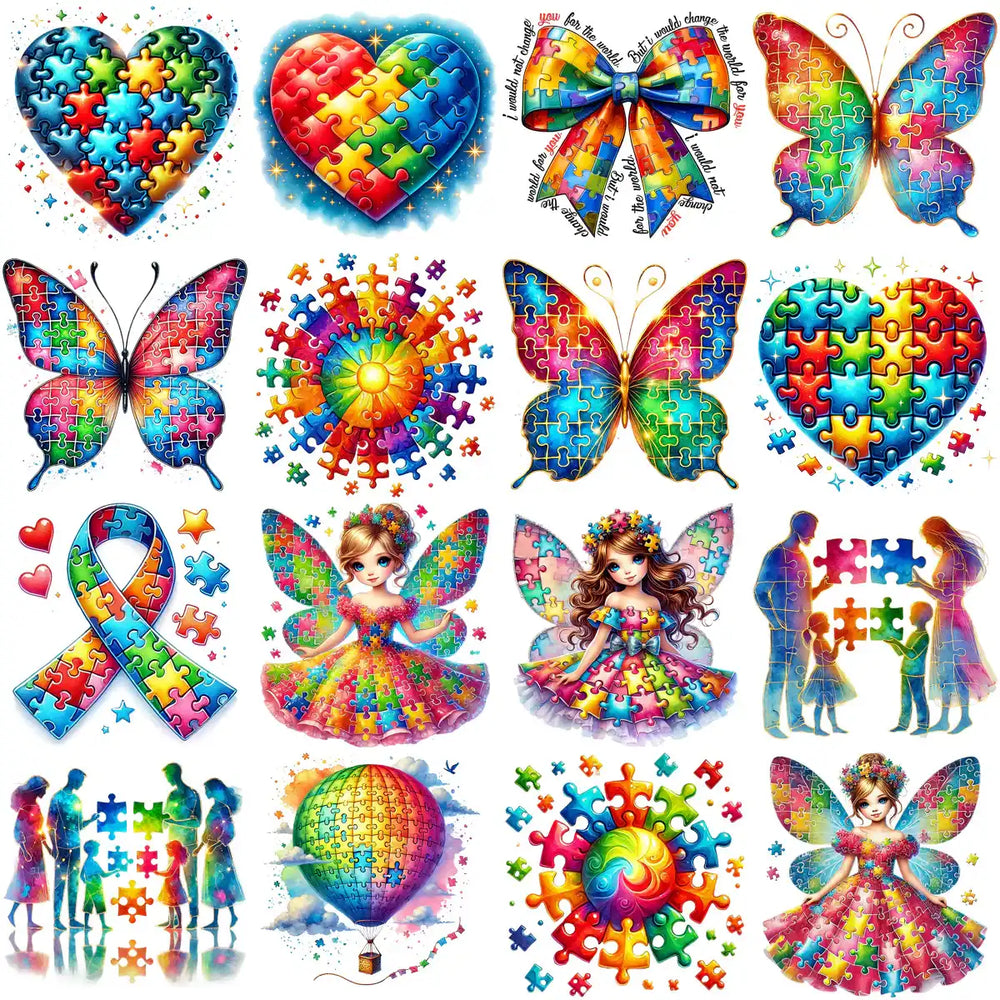 Colorful puzzle designs featuring hearts, butterflies, fairies, and family silhouettes for DTF/DTG printing.