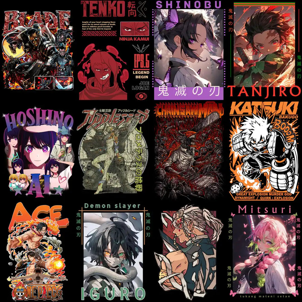 Anime t-shirt designs featuring Demon Slayer, One Piece, Chainsaw Man, and more. Print-ready PNG/SVG bundles.