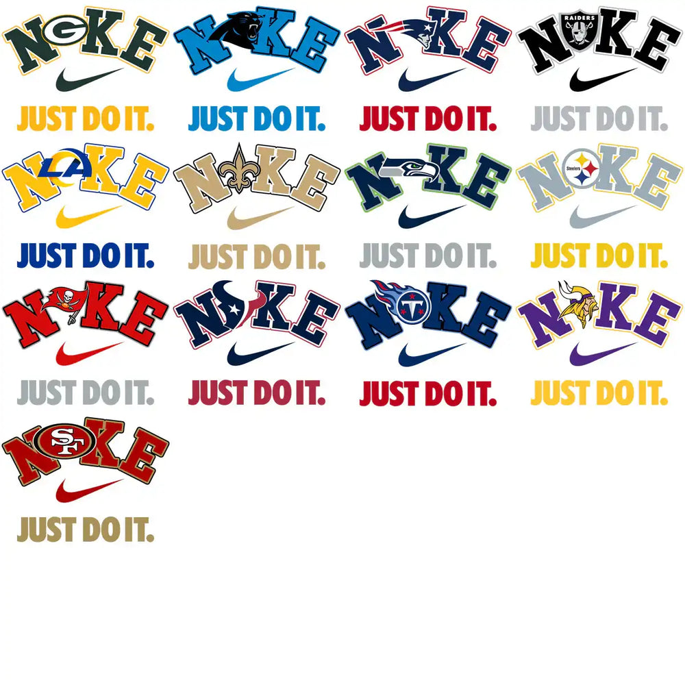 NFL team logos with Nike swoosh and Just Do It slogan, print-ready designs for apparel