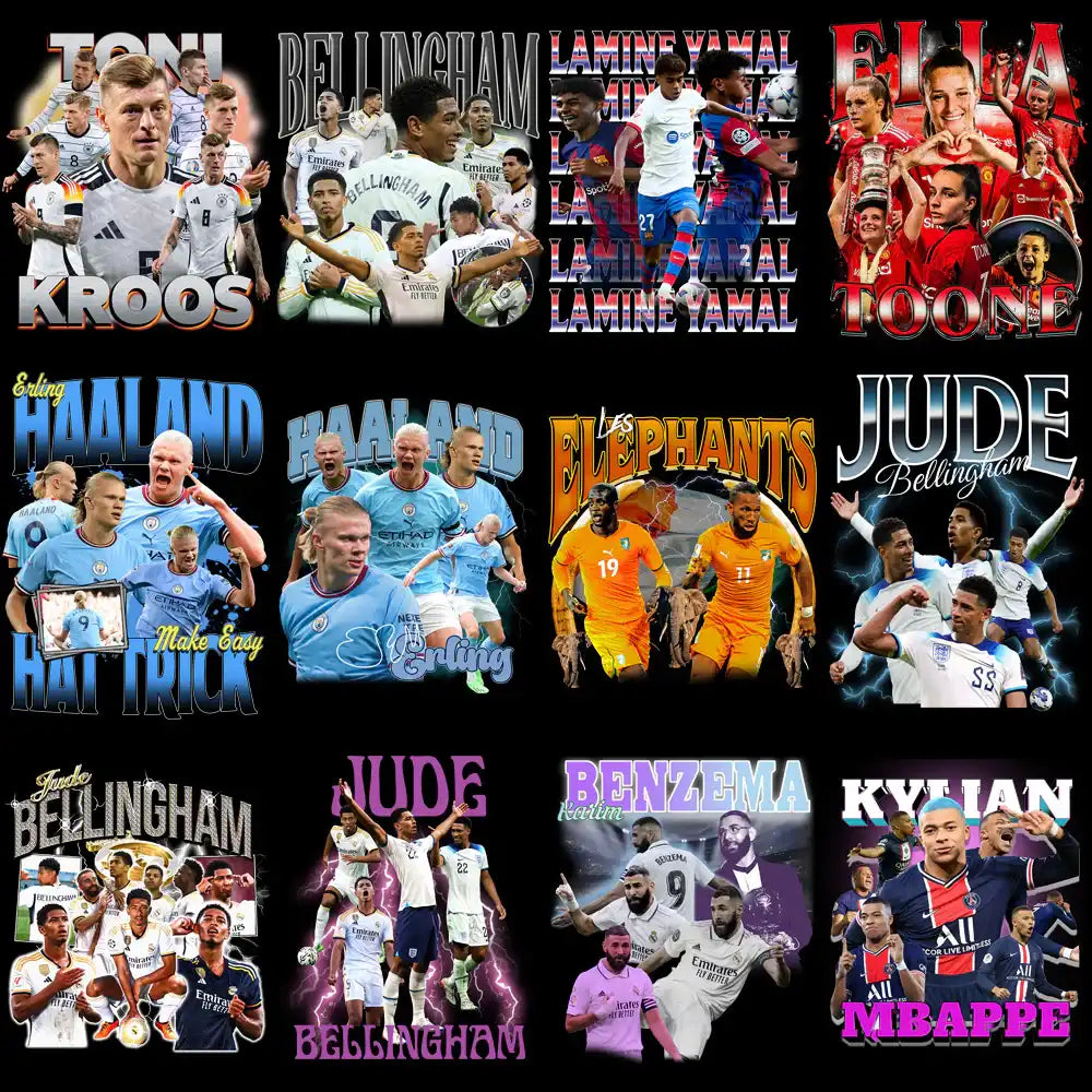 Soccer player designs for DTF, DTG, embroidery — Kroos, Bellingham, Haaland, Mbappe, Benzema, Toone