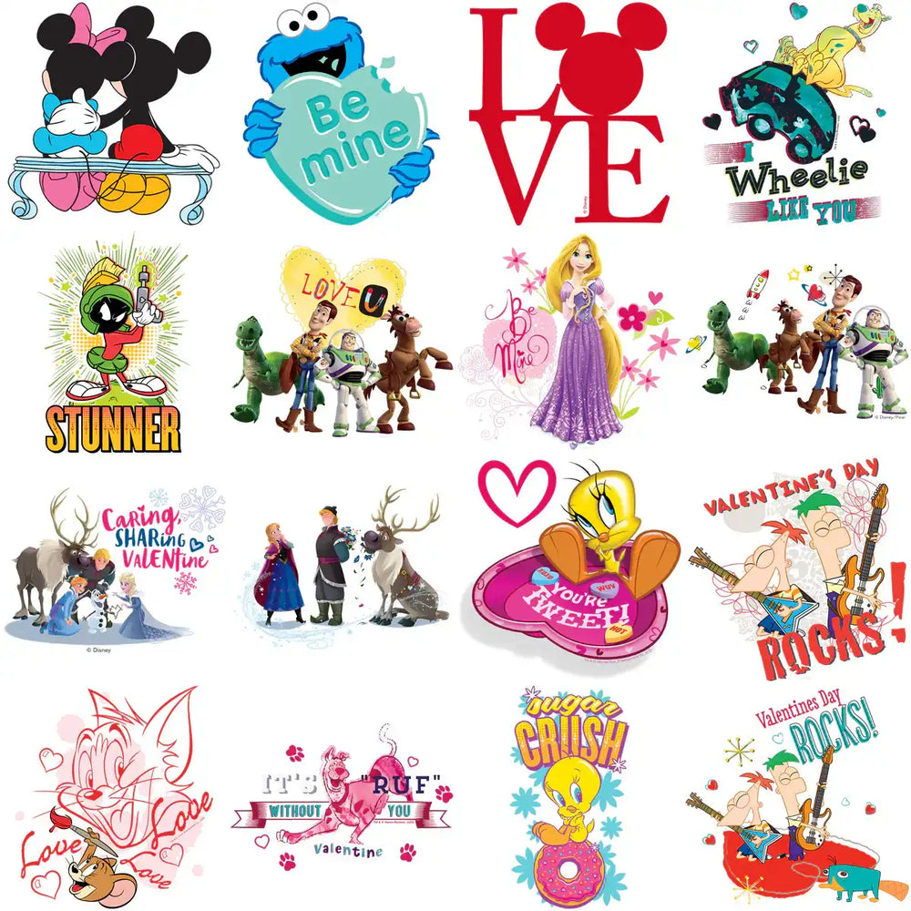 Valentine's Day cartoon designs featuring Disney, Looney Tunes, and Pixar characters for t-shirts and crafts