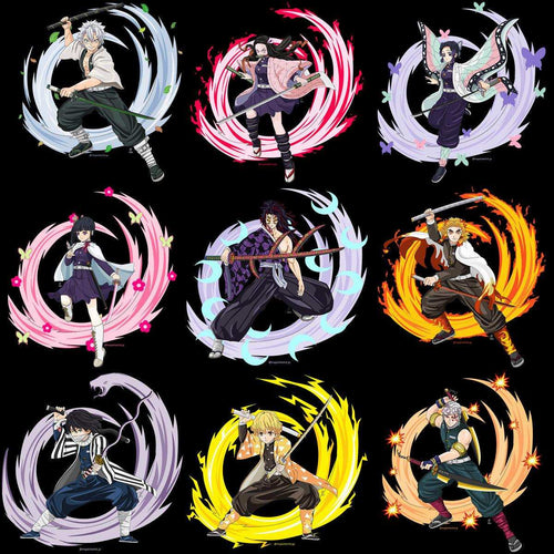 Demon Slayer anime characters with elemental effects, print-ready for DTF, DTG, embroidery, SVG, PNG