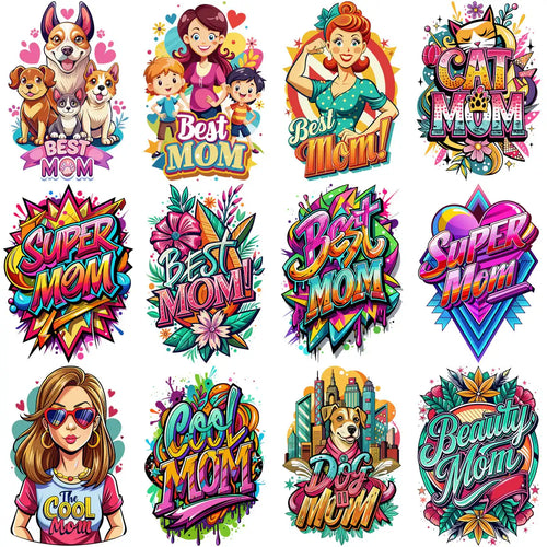 Vibrant 'Best Mom' and 'Super Mom' designs with colorful graphics, pets, and floral elements for t-shirts.