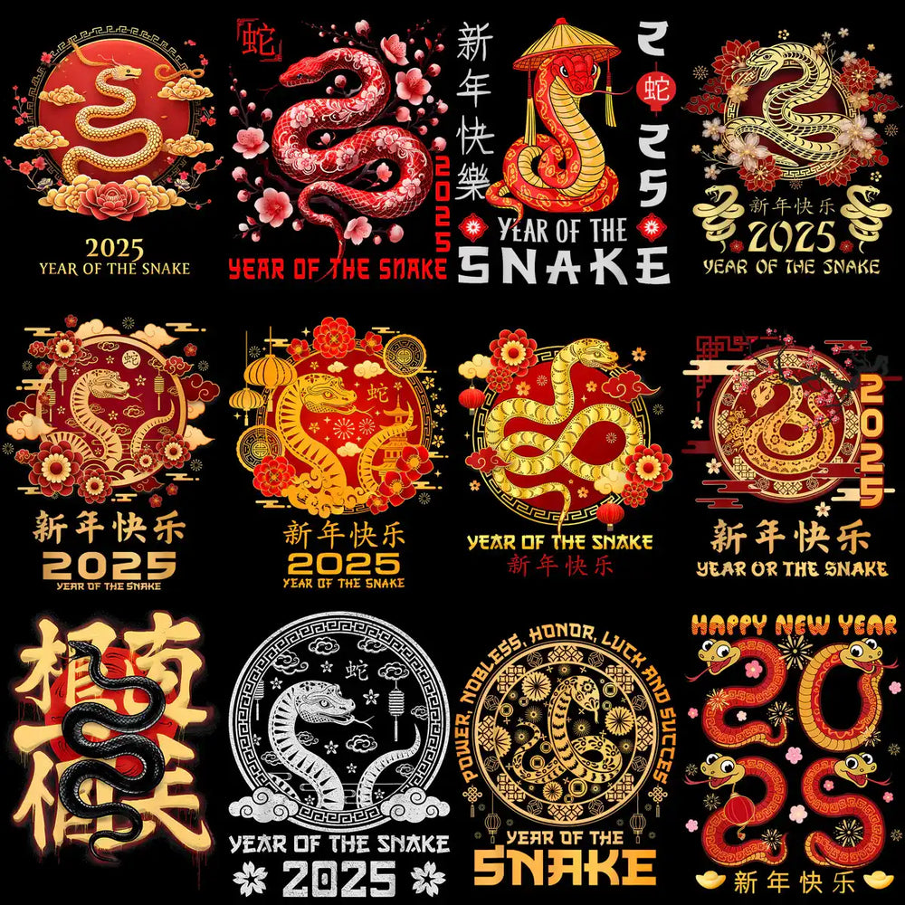 2025 Year of the Snake designs with festive red, gold, and black patterns for print-ready use.
