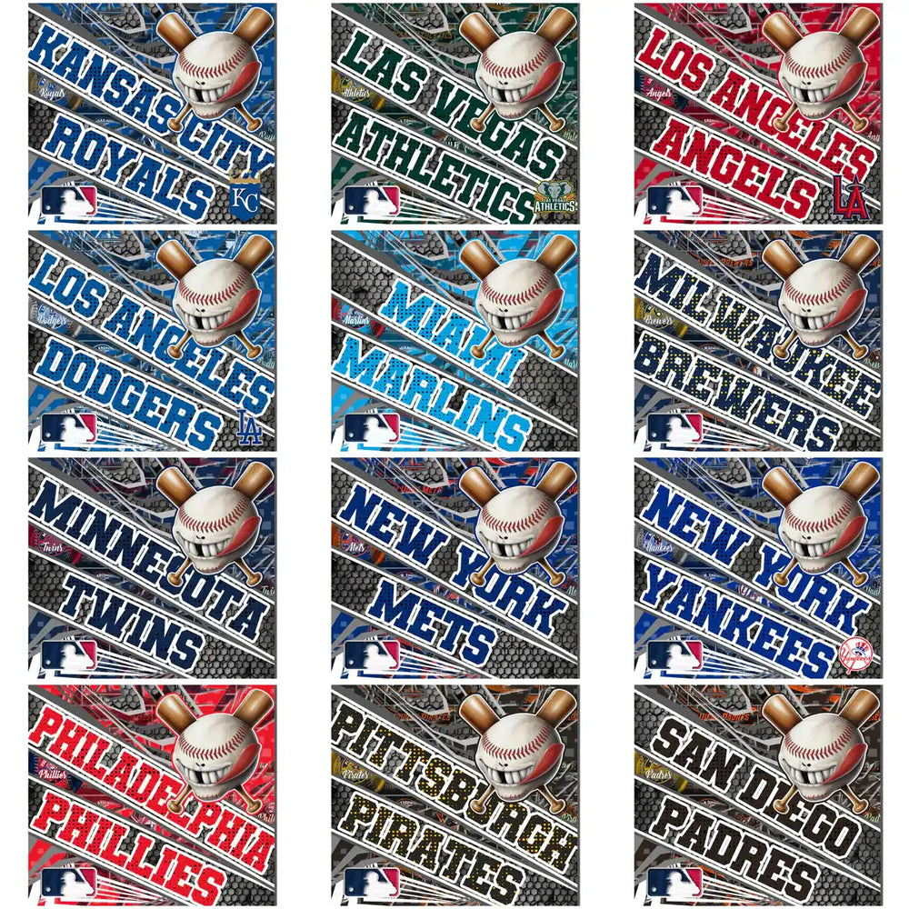Baseball team designs with smiling baseballs and crossed bats for MLB teams