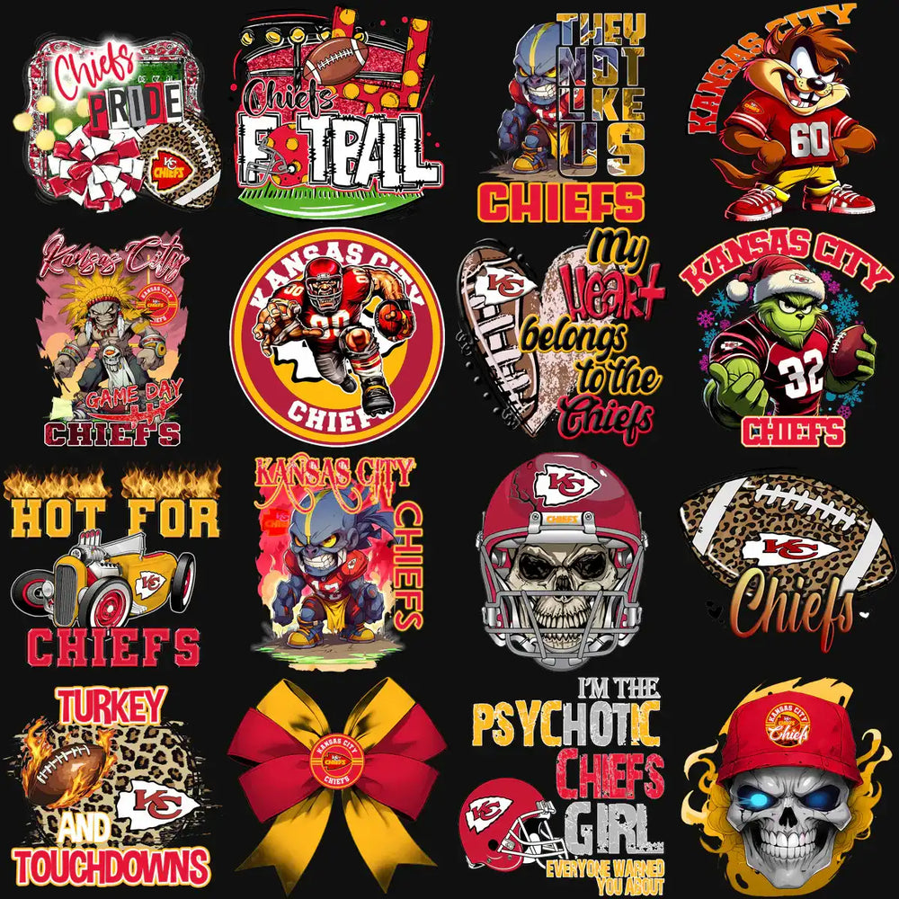 Kansas City Chiefs football designs bundle with print-ready PNG, SVG, and PES files for DTG, DTF, and embroidery.