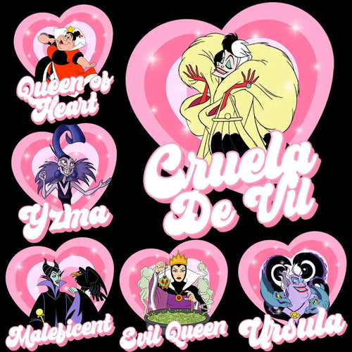 Disney villain designs in pink hearts: Cruella, Maleficent, Ursula, Evil Queen, Yzma, Queen of Hearts — print-ready SVG/PNG