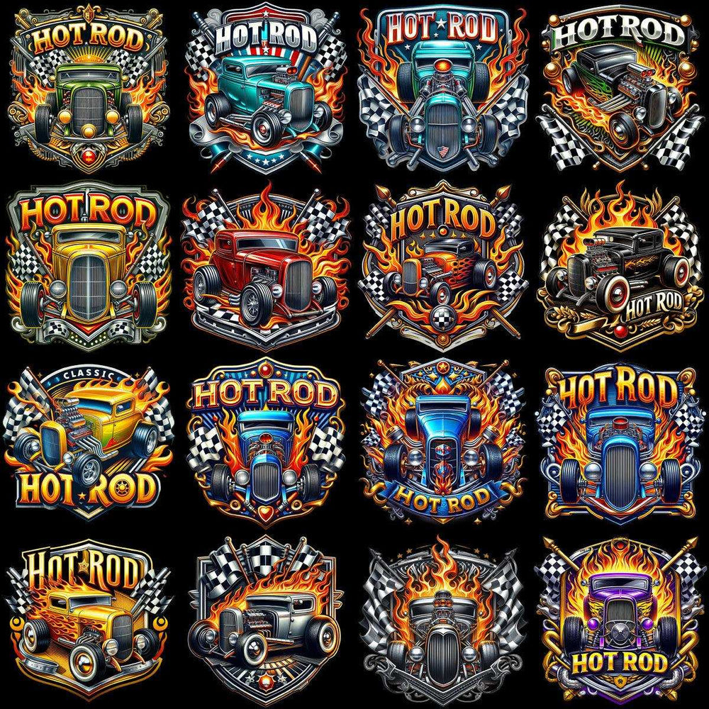 Hot Rod designs with flames, checkered flags, and vintage cars for DTF/DTG and embroidery projects.