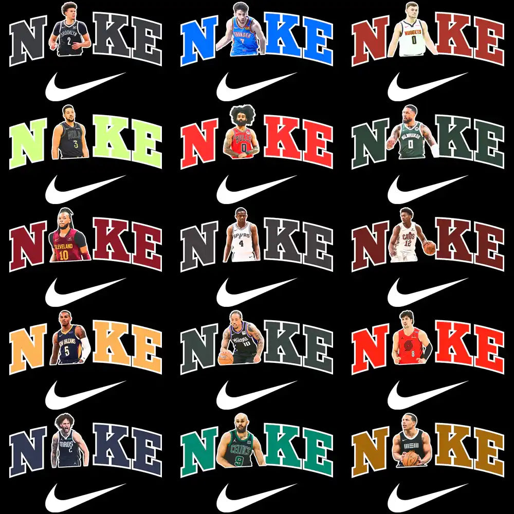 Basketball player designs with Nike logo, team colors, and jersey numbers for DTF/DTG printing