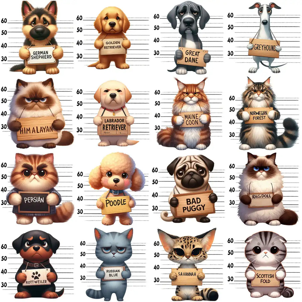 Cute dog and cat mugshot designs for DTF, DTG, embroidery, tumbler wraps — print-ready PNG, SVG, PES