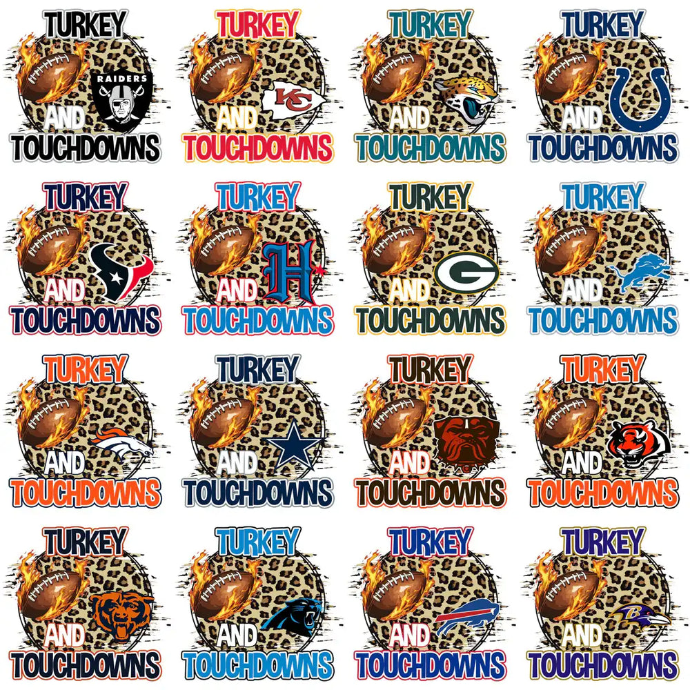 Turkey and Touchdowns football designs with team logos on leopard print backgrounds